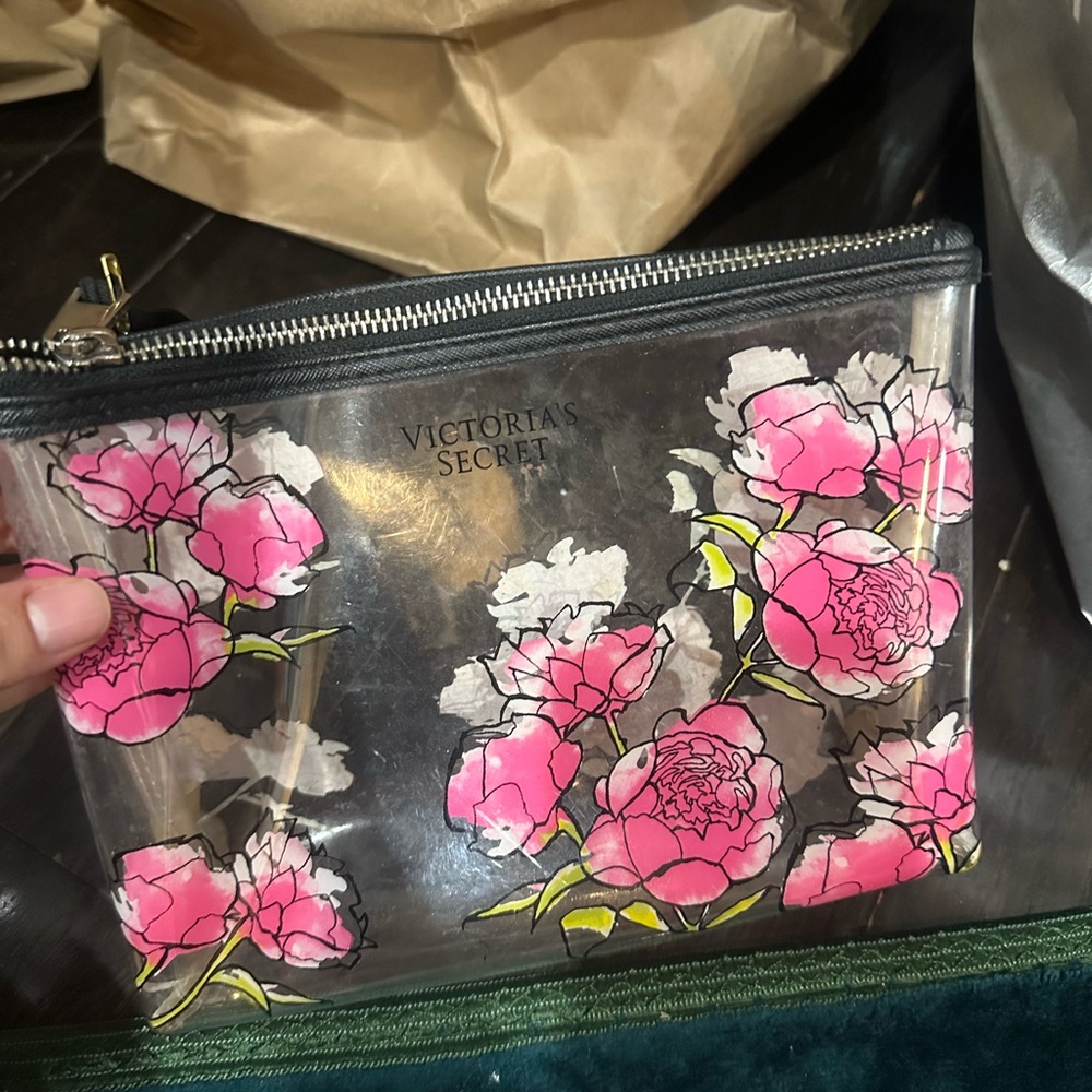 Victoria's Secret Pink and White Cosmetic Bag with Floral Design